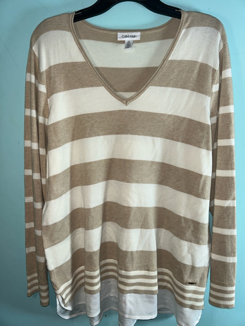 Calvin Klein Beige and Cream Striped V-Neck Pullover